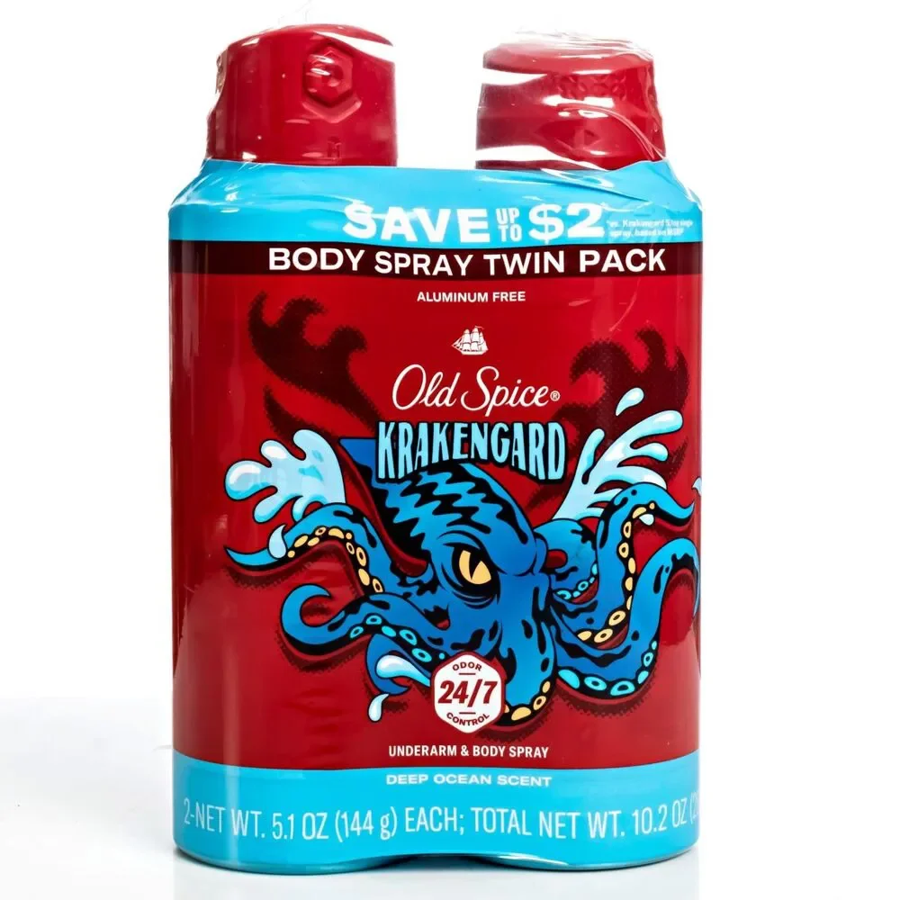 Old Spice Aluminum Free Body Spray for Men Krakengard - Pack of 2, 5.1 oz Each